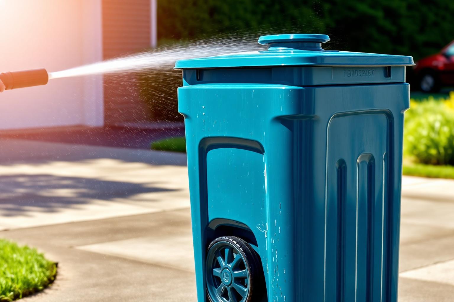 Sparkling clean residential trash bin being pressure washed